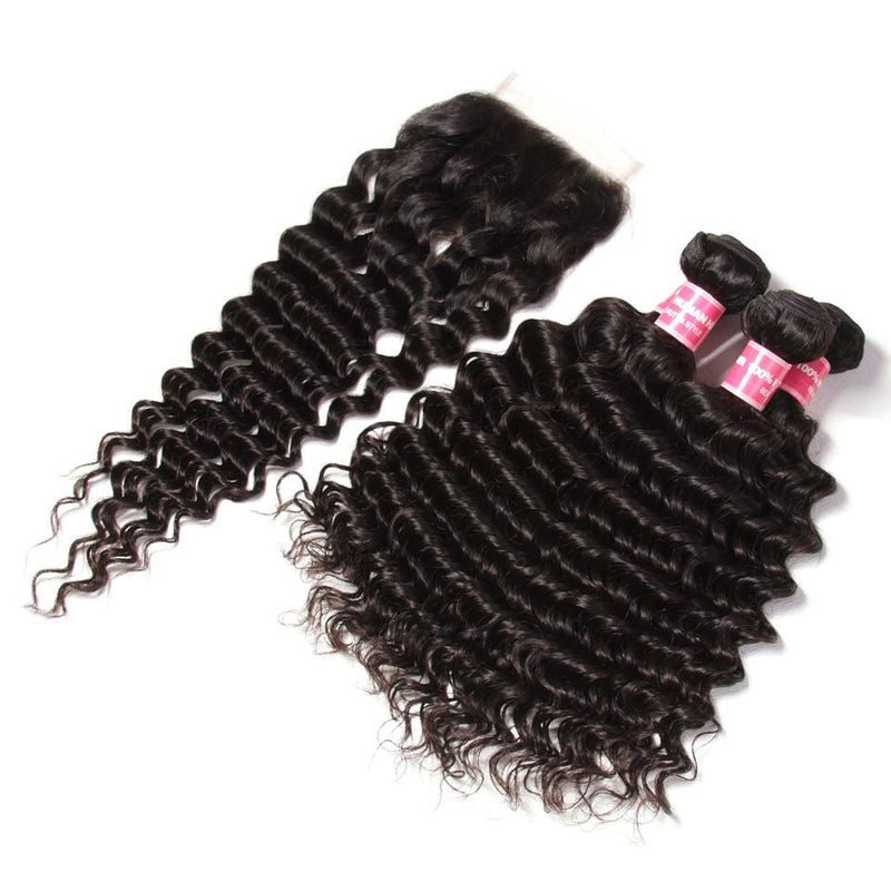 Peruvian Deep Wave 3 Bundles with 4*4 Lace Closure Deals-Klaiyi Hair