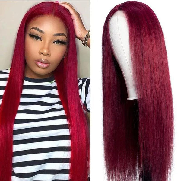 Klaiyi Burgundy Color Straight Hair Lace Part Wig Fake Scalp Wig 150% Density For Sale