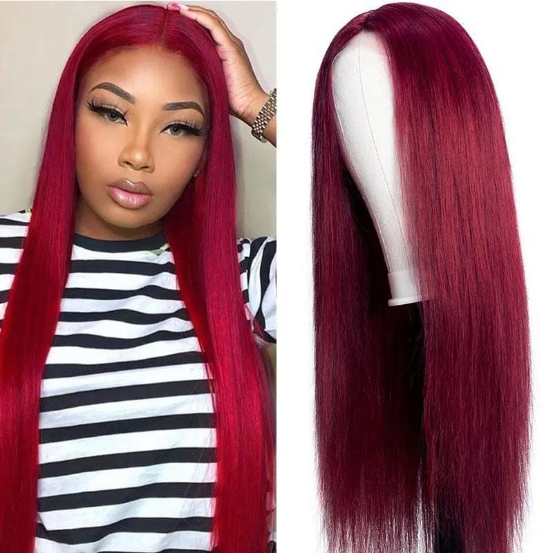 Klaiyi Burgundy Color Straight Hair Lace Part Wig Fake Scalp Wig 150% Density For Sale