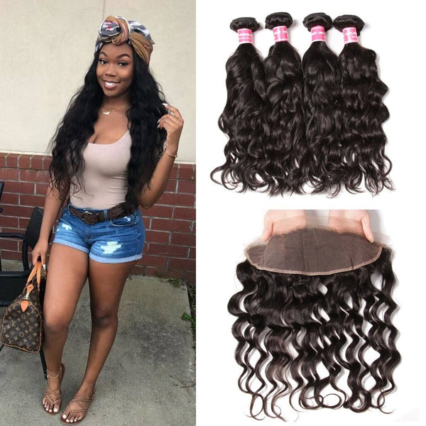 Klaiyi Malaysian Natural Wave 4 Bundles with 13*4 Ear to Ear Lace Frontal Closure Deals