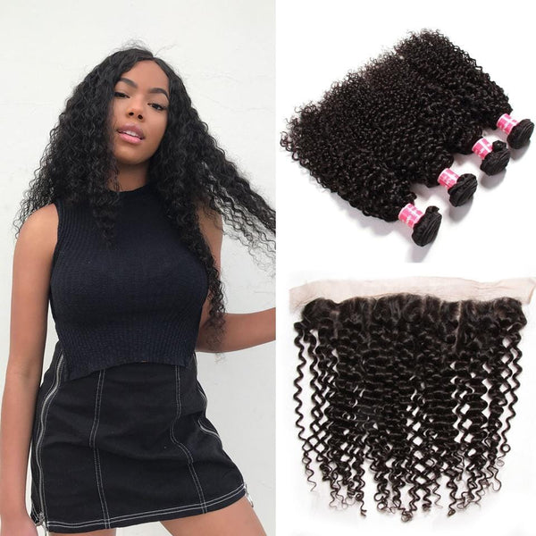 Klaiyi Peruvian Curly Hair 4 Bundles with Lace Frontal Closure