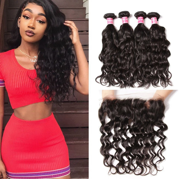 Klaiy Indian Natural Wave 4 Bundles with 13*4 Ear to Ear Lace Frontal Closure Deals