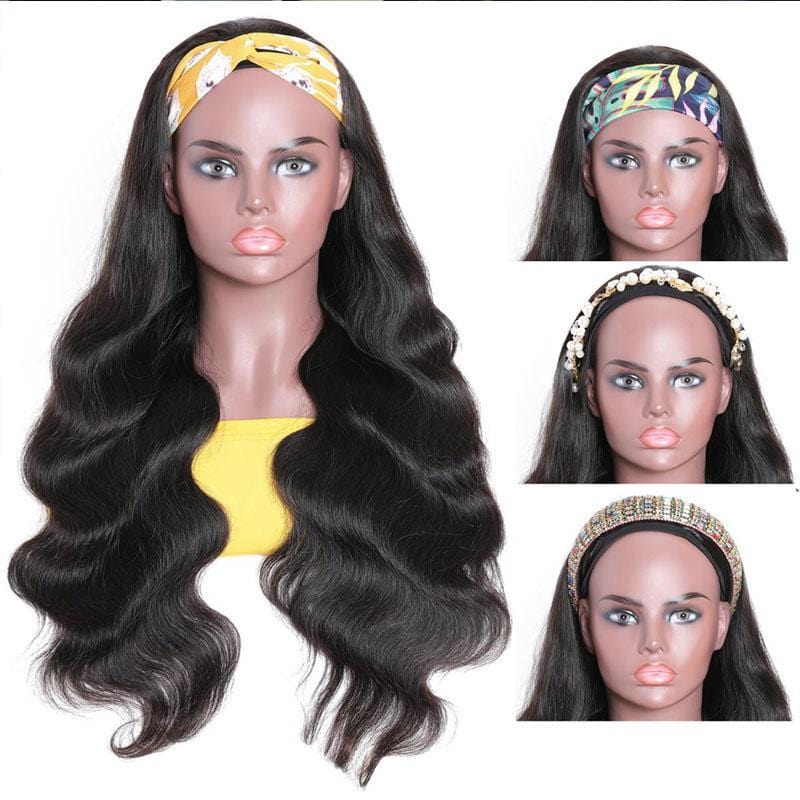 Klaiyi Flash Deal Body Wave Headband Wig Glueless Human Hair Wigs With Pre-attached Scarf Half Wig 150% Density