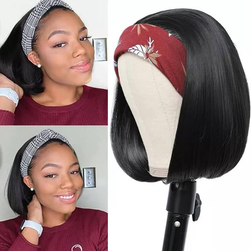 Klaiyi Short Straight BOB Headband Wig Natural Black Hair Wig 150% Density Glueless None Lace Wig