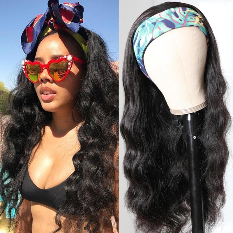 Klaiyi Body Wave Headband Wig Glueless Human Hair Wigs With Pre-attached Scarf Half Wig 150% Density