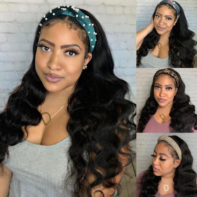 Klaiyi Body Wave Headband Wig Glueless Human Hair Wigs With Pre-attached Scarf Half Wig 150% Density