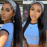 Klaiyi Straight Human Hair Wigs With Headbands Attached Non Lace Front Wigs Black Color 150% Density