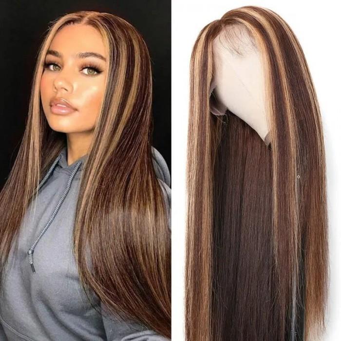 Klaiyi Honey Blonde Highlight Color Straight Hair Lace Front Wigs with Baby Hair Human Hair Wigs