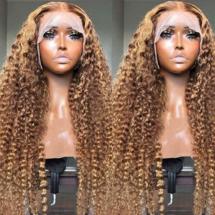 Klaiyi Honey Blonde Highlight Lace Front Wig Kinky Curly Human Hair Natural Density