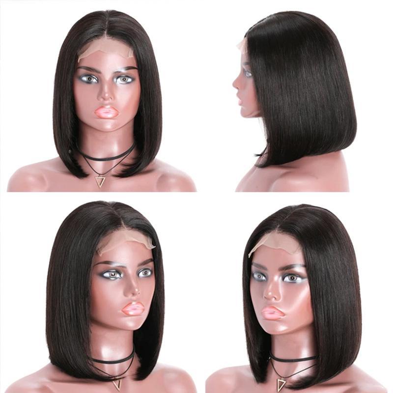 Klaiyi Short Straight Bob Wig 4x4 Lace Closure Remy Human Hair Wigs 150% Density Super Soft