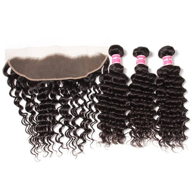 Klaiyi Peruvian Deep Wave 4 Bundles with 13*4 Lace Frontal Closure
