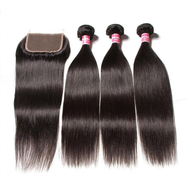 Klaiyi Indian Straight Hair 3 Pcs with 4*4 Lace Closure Deals