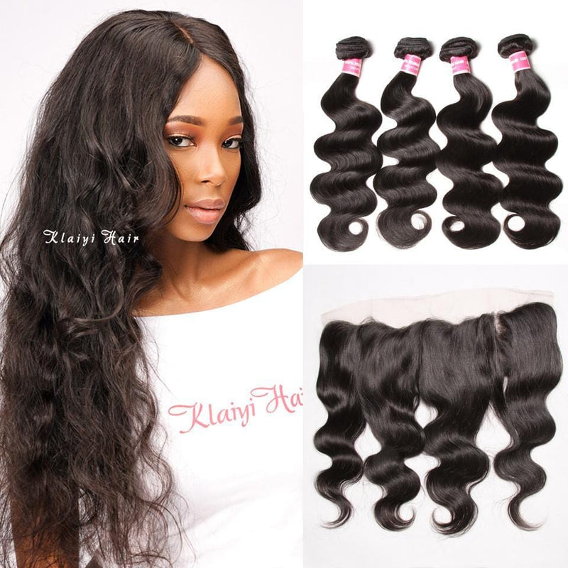 Klaiyi Brazilian Body Wave Virgin Hair 4 Bundles with Frontal Closure Natural Color