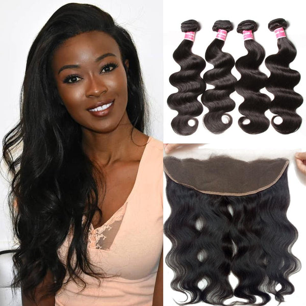 Klaiyi Indian  Body Wave Virgin Hair 4 Bundles with Frontal Closure Natural Color