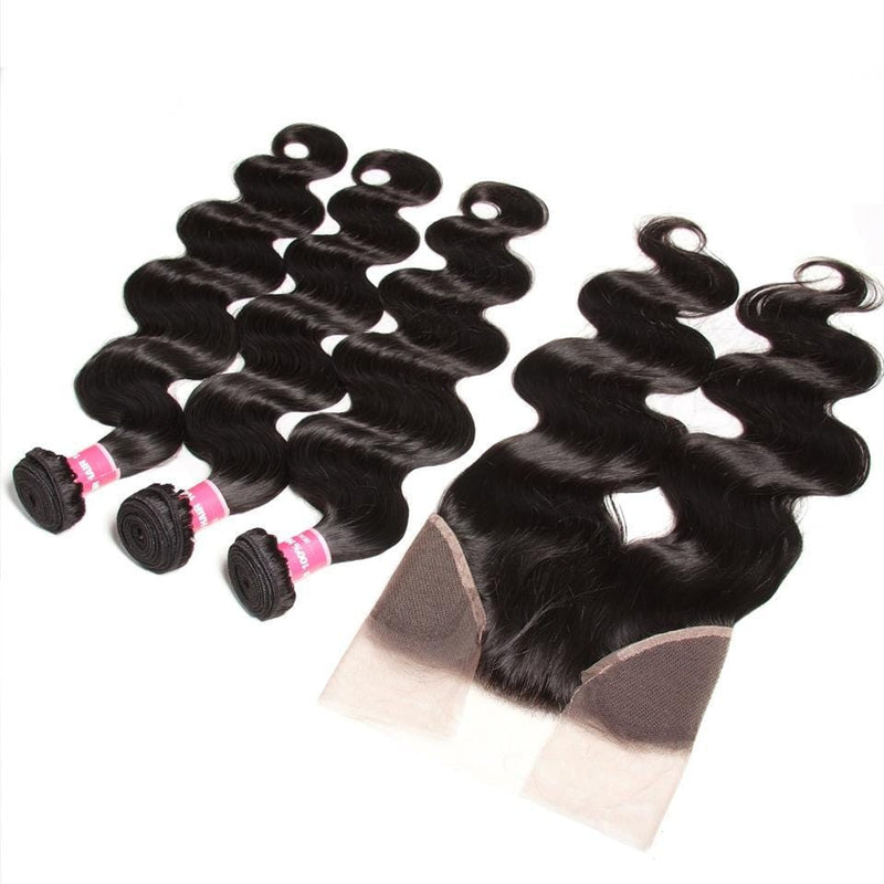 Klaiyi Indian Body Wave 3 Bundles with Ear To Ear Lace Frontal Closure