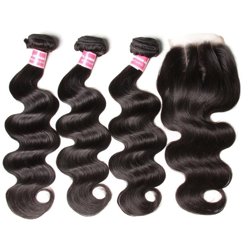 Klaiyi Indian Body Wave 3 Bundles with 4*4 Lace Closure