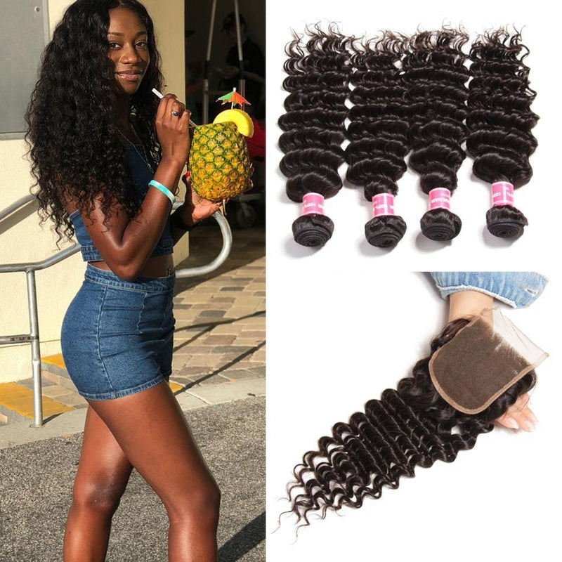 8A Grade Indian Deep Wave 4 Bundles with 4*4 Lace Closure Deals-Klaiyi Hair