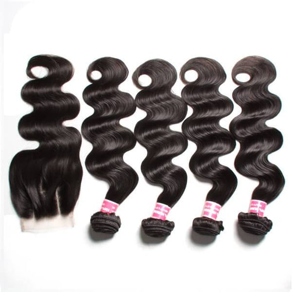 Klaiyi Tissage de cheveux humains vierges indiens ondulés, 4 paquets avec fermeture en dentelle 