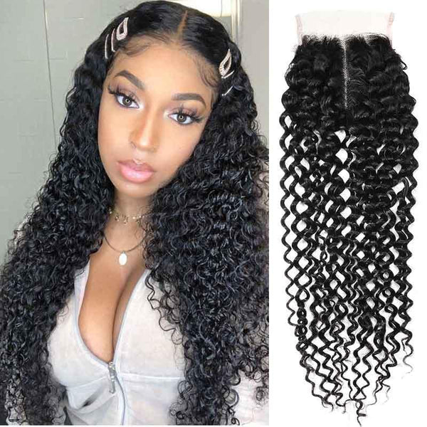 Klaiyi Natural Jerry Curly 4x4 Middle Part T Part Lace Closure High Quality 100% Human Hair