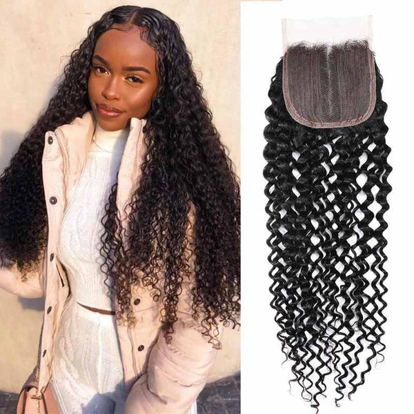 Klaiyi Natural Jerry Curly 4x4 Middle Part T Part Lace Closure High Quality 100% Human Hair