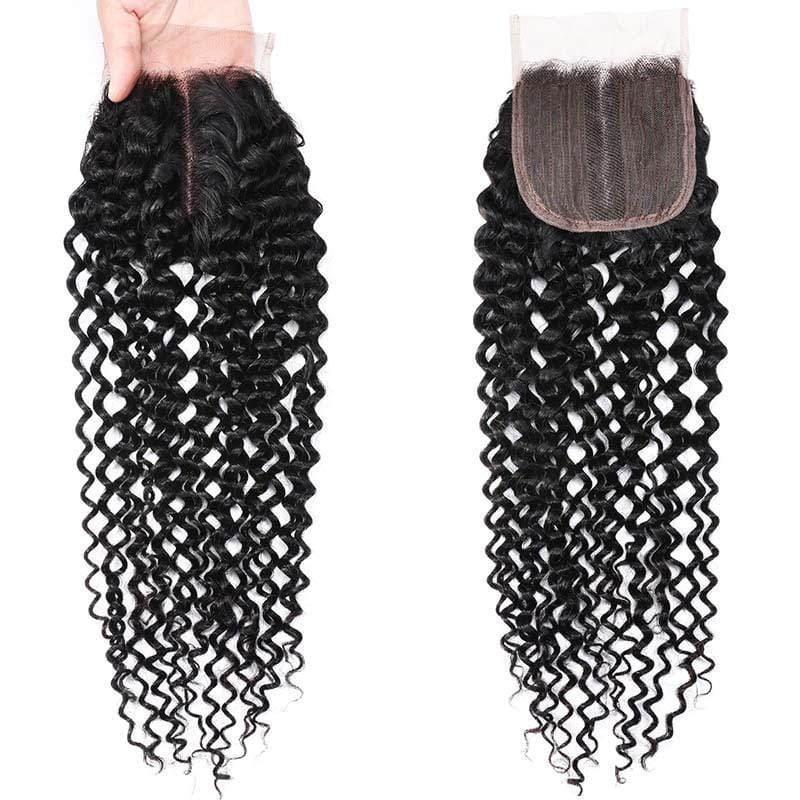 Klaiyi Natural Jerry Curly 4x4 Middle Part T Part Lace Closure High Quality 100% Human Hair
