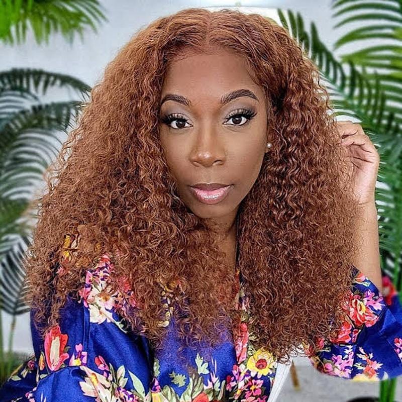 Klaiyi Jerry Curly Ginger Brown Colored Lace Front Wigs High Quality Human Hair