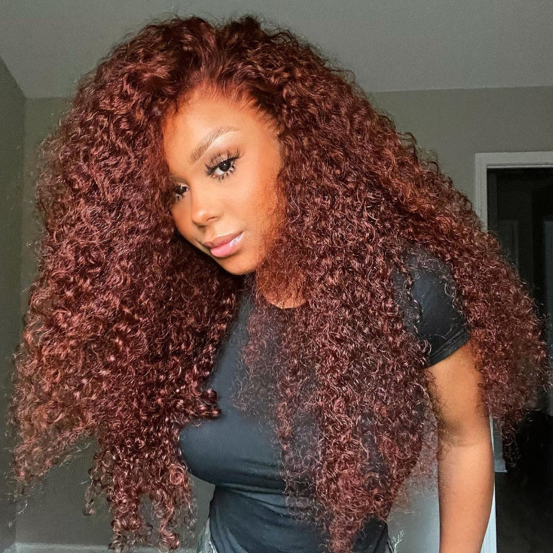 Klaiyi Auburn Brown Color 13x4 Glueless Lace Frontal Wig Kinky Curly Human Hair Flash Sale