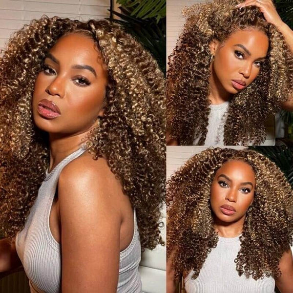 Klaiyi Honey Blonde Highlight Lace Front Wig Kinky Curly Human Hair Natural Density