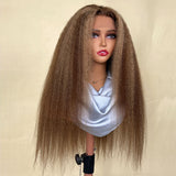 Klaiyi Pre-Cut Honey Blonde Highlight Kinky Straight Lace Frontal Wig with Baby Hair Pre Plucked 100% Virgin Human Hair