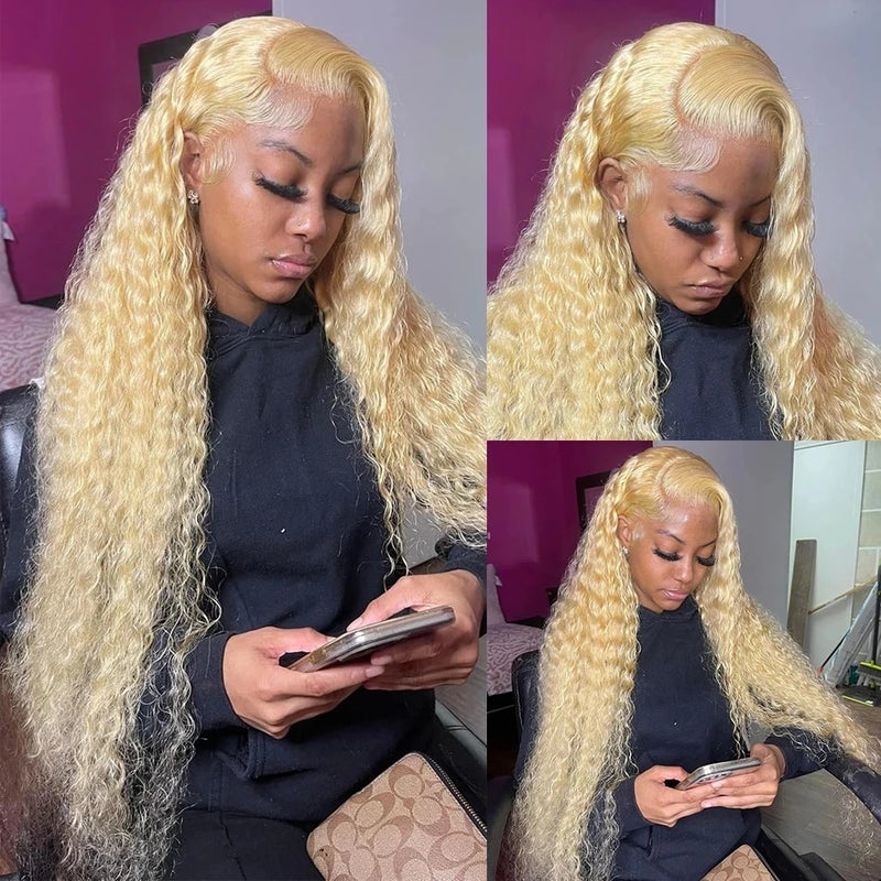 Klaiyi Honey Blonde 613 Color Water Wave Lace Frontal Wig Wet and Wavy Virgin Human Hair