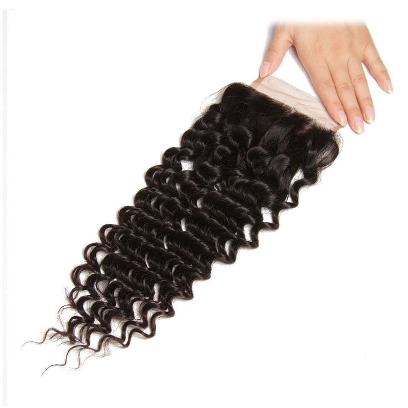 Klaiyi Peruvian Deep Wave 4 Bundles with Lace Closure, 4*4 Free Part, 100% Virgin Human Hair, 7A Grade