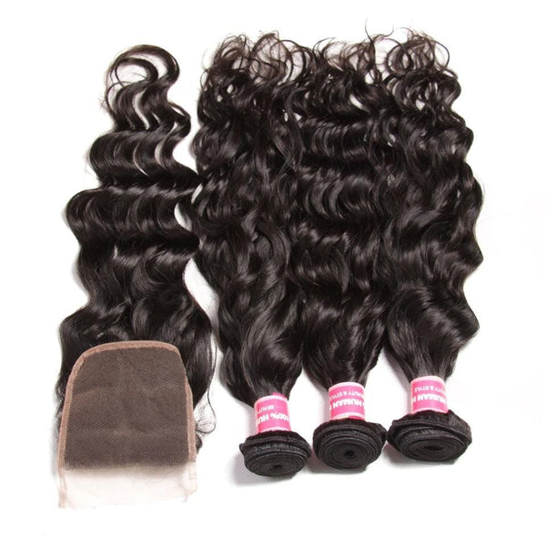 Klaiyi Malaysian Natural Wave hair 3 Bundles with Lace Closure Unprocessed Human Virgin Hair