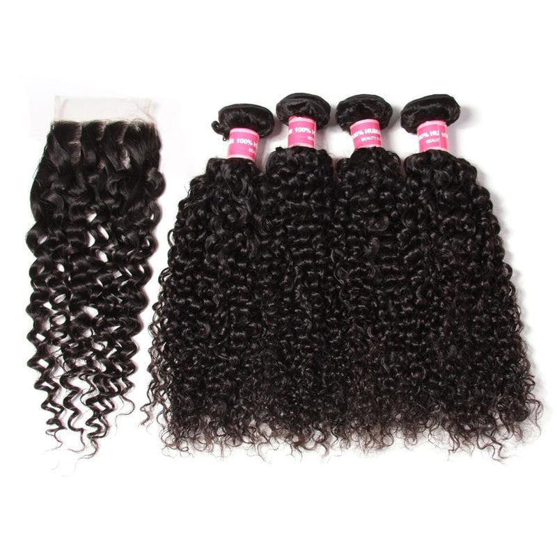 Klaiyi 4 Bundles Peruvian Jerry Curly Hair Weave Bundles with 4*4 Lace Closure, 7a Grade, 100% Human Hair