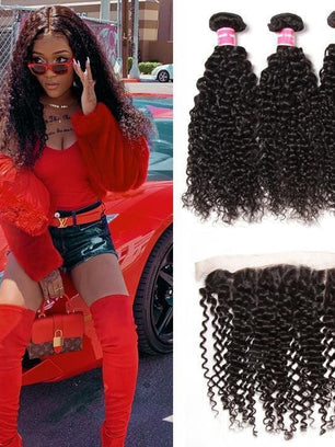Klaiyi Brazilian Curly Hair 13x4 Lace Frontal With Bundles 3Pcs/Pack