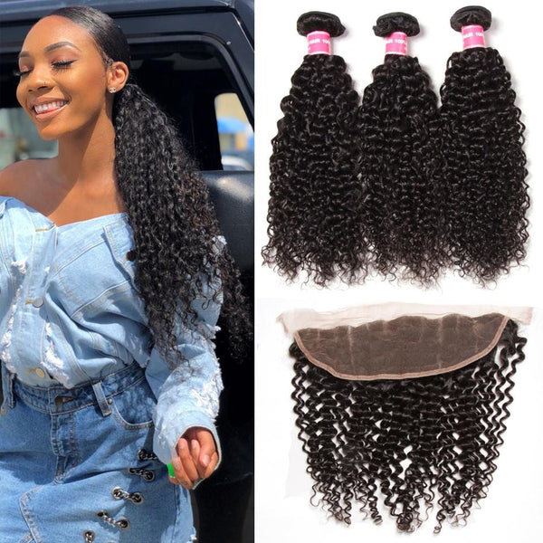 Peruvian Curly Hair 3 Bundles with Lace Frontal Closure-Klaiyi Hair