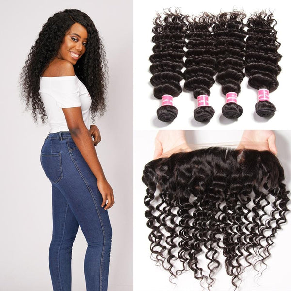 Klaiyi 8A Brazilian Deep Wave 4 Bundles with Lace Frontal Closure Human Virgin Hair Extension