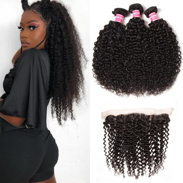 Indian Curly Hair 3 Bundles with Lace Frontal Closure Ear to Ear 13*4 Closure -Klaiyi Hair