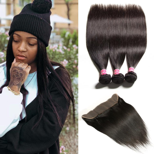 Klaiyi Malaysian Straight Hair Weave 3 Bundles with Ear to Ear Lace Frontal Closure