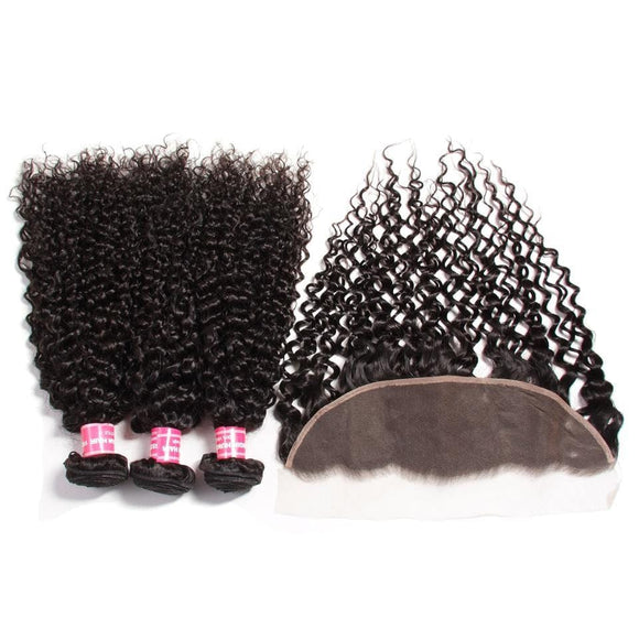 Indian Curly Hair 3 Bundles with Lace Frontal Closure Ear to Ear 13*4 Closure -Klaiyi Hair