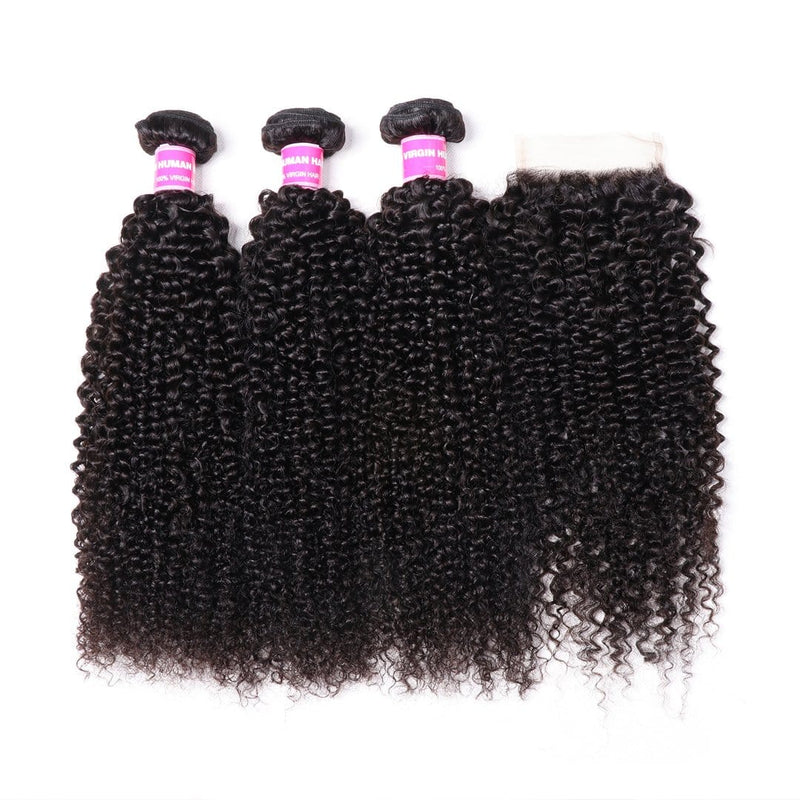 Klaiyi Malaysian 100% Human Hair Kinky Curly Hair 3 Bundles with 4*4 Lace Closure Human Hair Weave