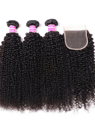 Klaiyi Hair Kinky Curly Hair Weave 3 Bundles with 4x4 Lace Closure 100% Human Hair Weave