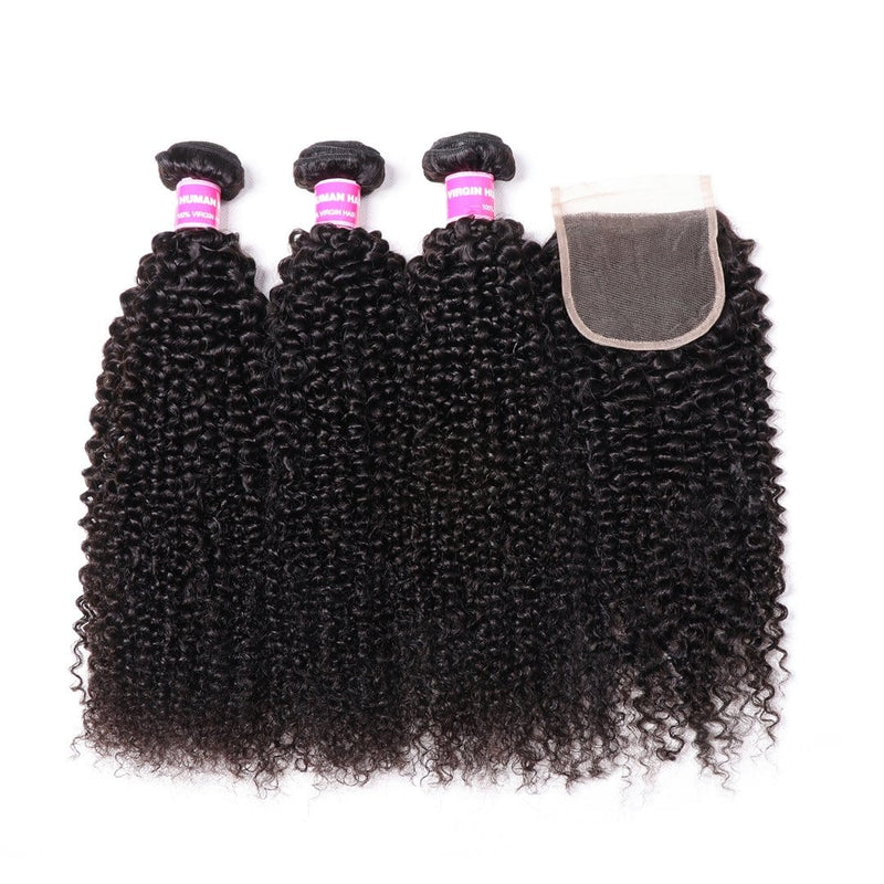 Klaiyi Hair Kinky Curly Hair Weave 3 Bundles with 4x4 Lace Closure 100% Human Hair Weave