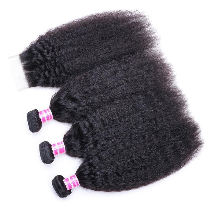 Klaiyi Hair Malaysian Kinky Straight Hair 3 Bundles with 4*4 Lace Closure 100% Human Hair Weaving