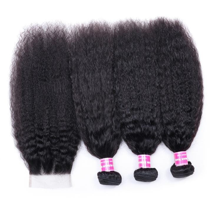 Klaiyi Indian Kinky Straight Hair 3 Bundles with 4*4 Lace Closure Virgin Hair Weaves on Deals