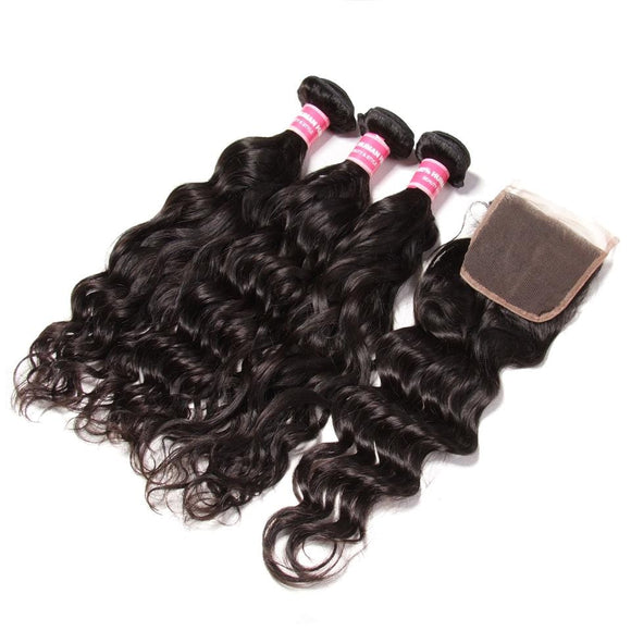 Klaiyi Peruvian Natural Wave 3 Bundles with Lace Closure Deals