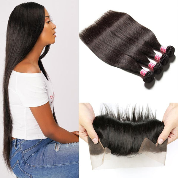 Klaiyi Brazilian 4 Bundles Straight Human Virgin Hair With Lace Frontal Closure