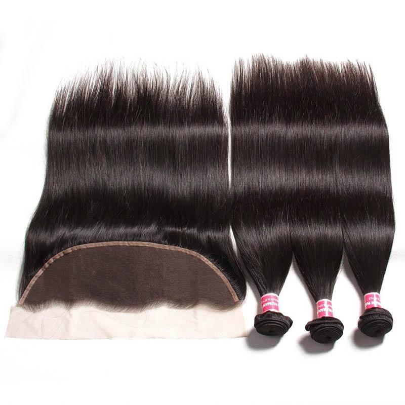 Klaiyi 3 Bundles Brazilian Straight Hair with 13*4 Ear to Ear Lace Frontal Closure