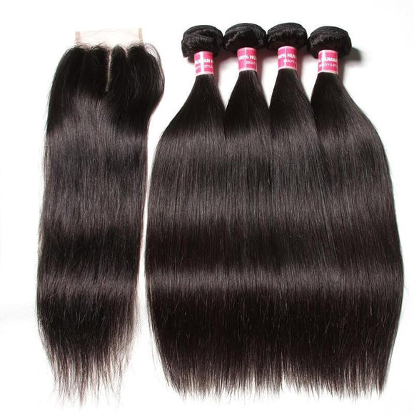 Indian Straight Hair 4 Bundles with 4*4 Lace Closure Deals-Klaiyi Hair