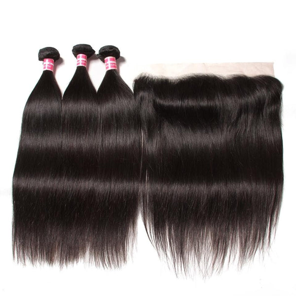 Klaiyi Indian Straight Hair 3 Bundles with Lace Frontal Closure, Ear to Ear, 13*4 Virgin Human Hair Closure