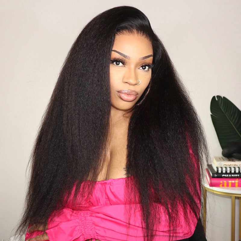 Klaiyi Yaki Straight 5x5 HD Lace Closure Glueless Wig Kinky Straight Human Hair 180% Density